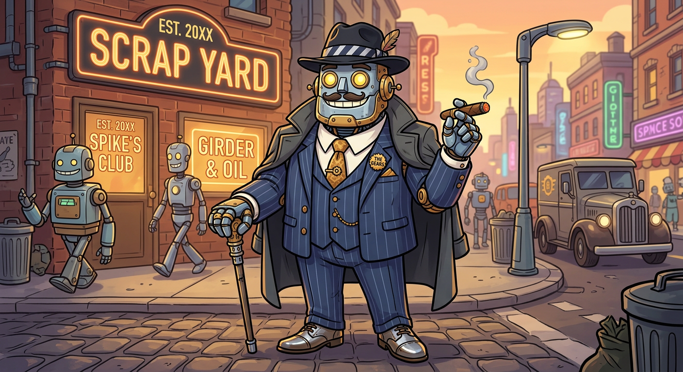 A friendly robot crime boss on a retro-futuristic street